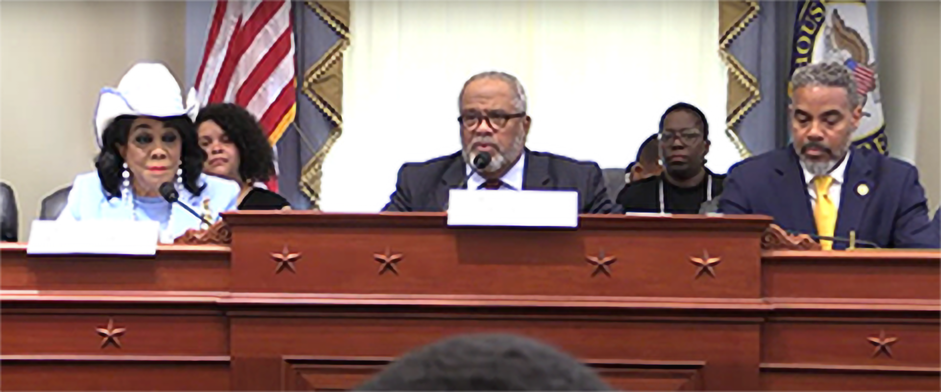 U.S. Rep. Frederica Wilson, chair of the Caucus on the Commission on the Social Status of Black Men and Boys; U.S. Rep. Troy Carter, a member of the same caucus; and U.S. Rep. Steven Horsford, chair of the Congressional Black Caucus, talk with mental health experts during a Capitol Hill briefing on the rising suicide rates among Black boys and young Black men.